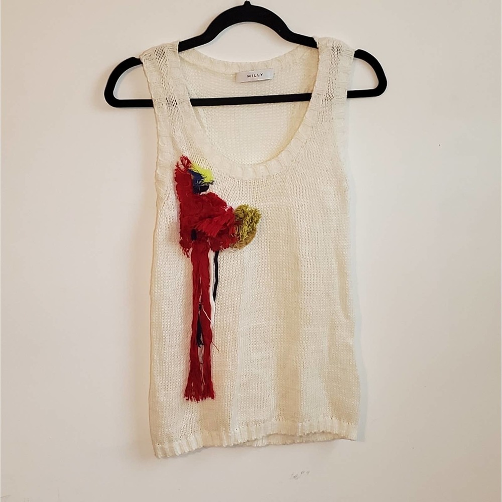 MILLY White Open Weave Sweater Vest Red Art Accent